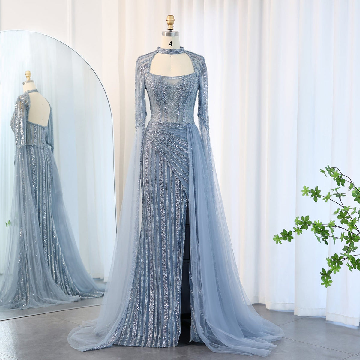 Luxury Beaded Blue Mermaid Evening Dress with Cape Sleeves SS003