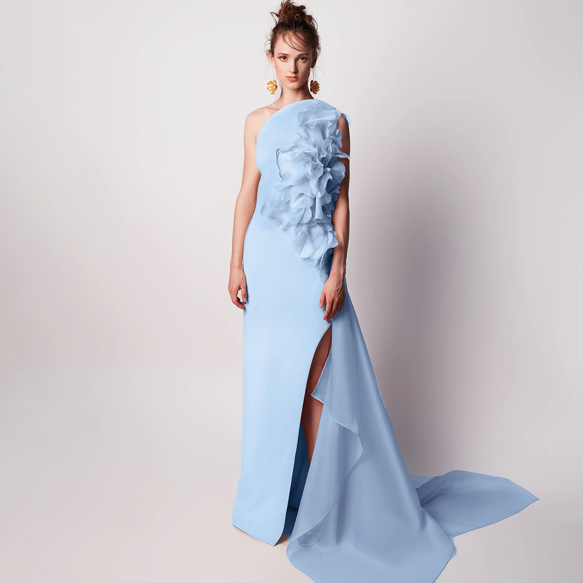 Luxury 3D Flowers Blue One Shoulder Evening Dress with Slit SF321