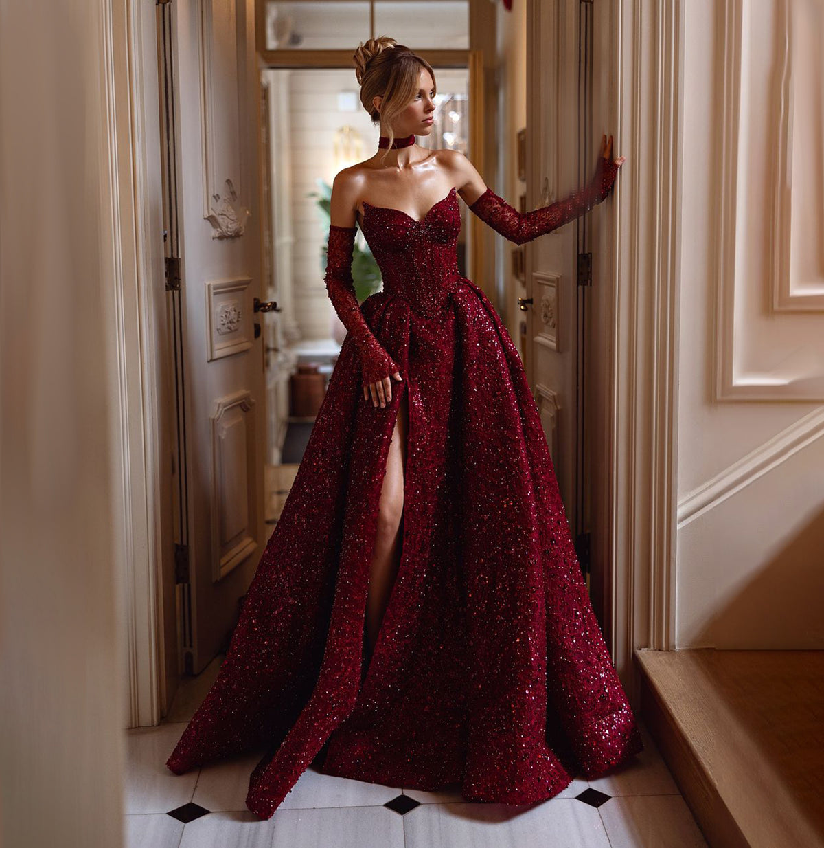 Stunning Burgundy Strapless Sequin Evening Dress with Gloves SF437