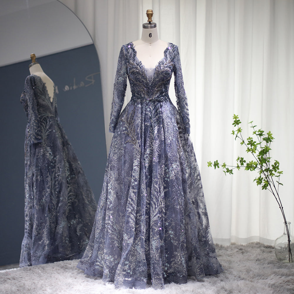 Elegant Crystal Blue Long Sleeves V-Neck Evening Dress SS050