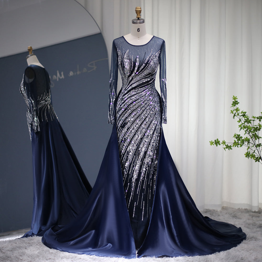 Elegant Navy Blue Mermaid Evening Dress with Overskirt SS305
