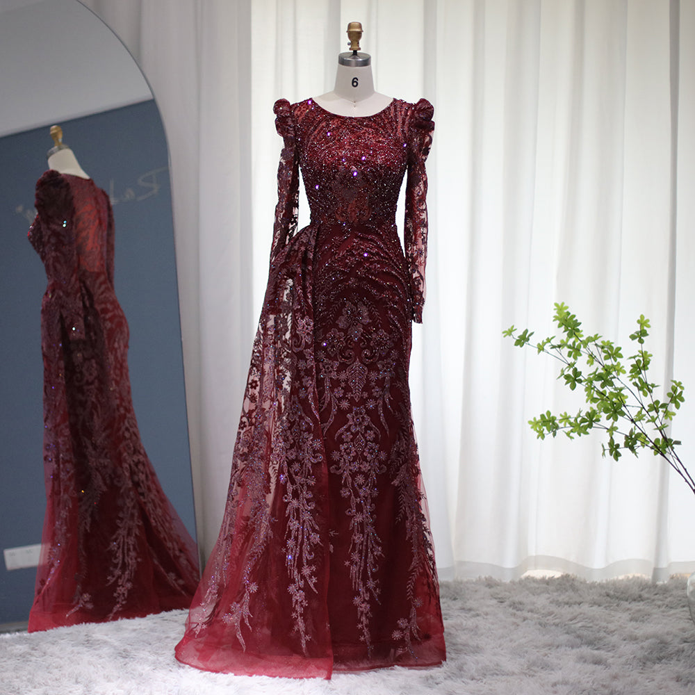 Luxury Burgundy Long Sleeves Evening Dress with Overskirt SS127