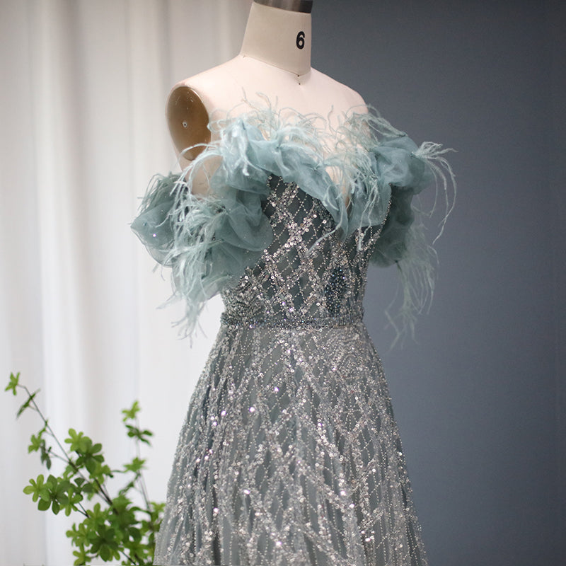 Dreamy Vow Luxury Feathers Green Dubai Evening Dresses 2023 Elegant Off Shoulder Long Formal Dress for Women Wedding Party 303