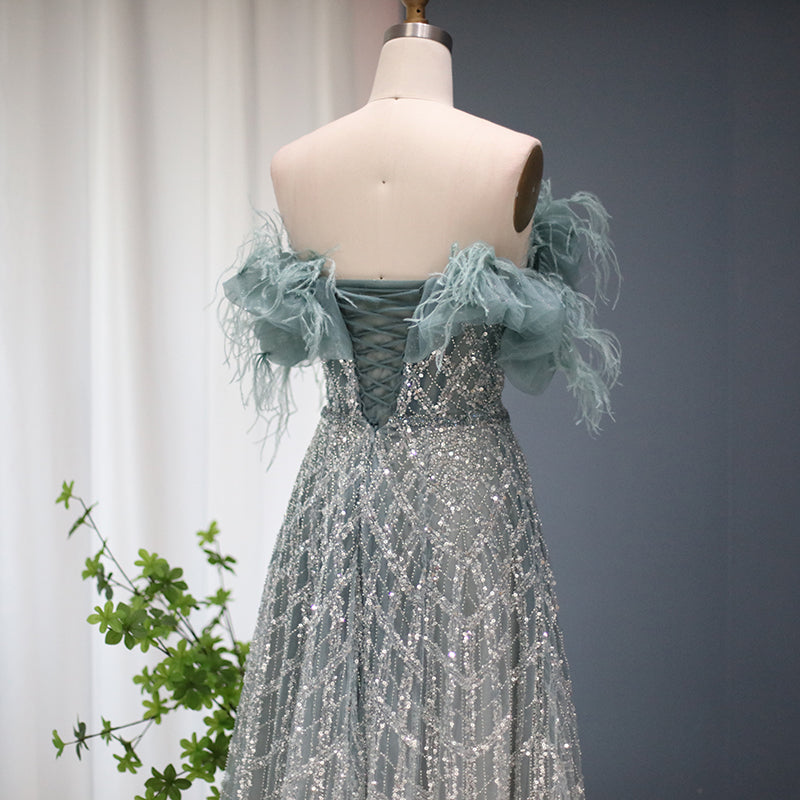 Dreamy Vow Luxury Feathers Green Dubai Evening Dresses 2023 Elegant Off Shoulder Long Formal Dress for Women Wedding Party 303