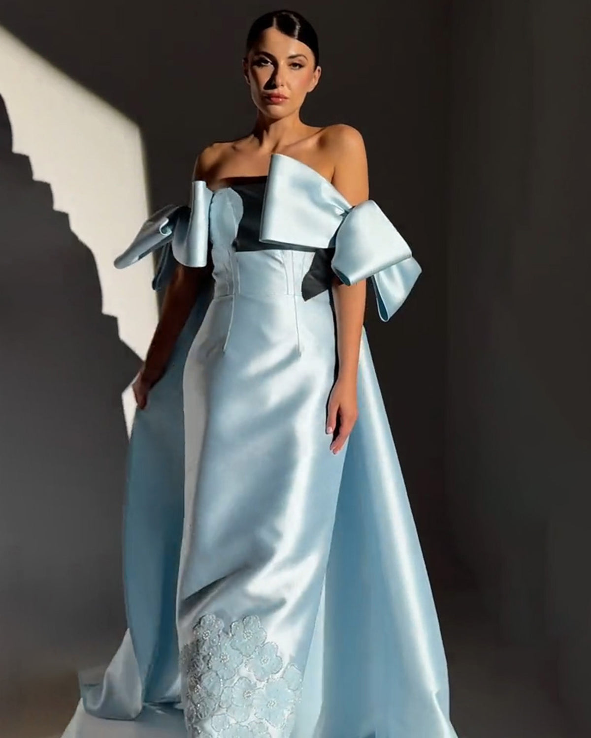 Luxury Pearls Blue Bow Evening Dress with Overskirt SF284