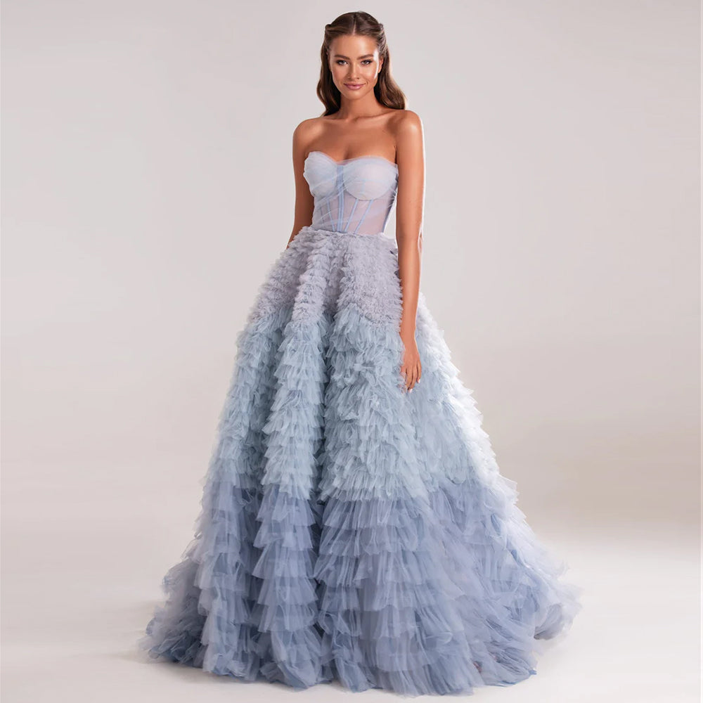 Elegant Gradient Blue A-Line Sweetheart Tiered Evening Dress SF086
