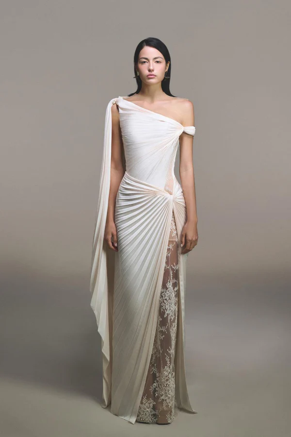 Elegant Beige One Shoulder Draped Evening Dress SF192