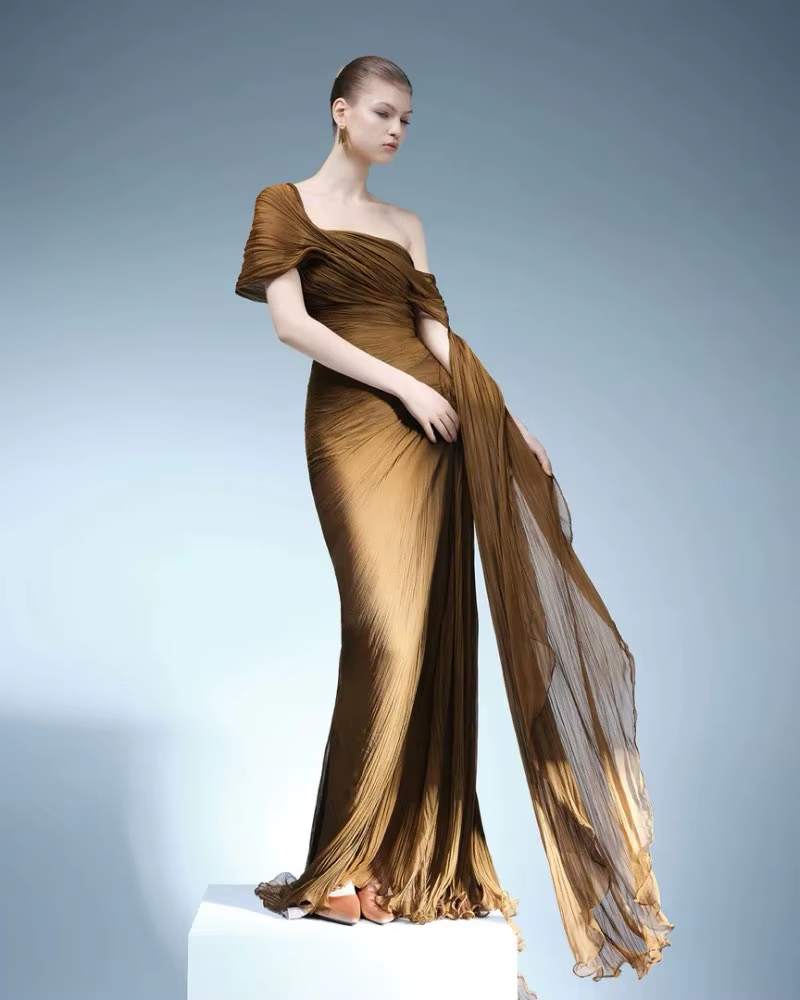 Elegant Brown One Shoulder Pleats Evening Dress SF191