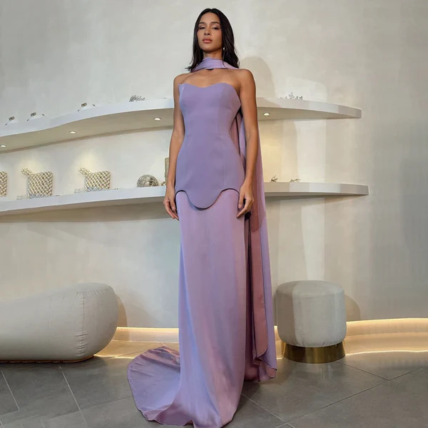 Elegant Strapless Lilac Scarf Evening Dress with Train SF334