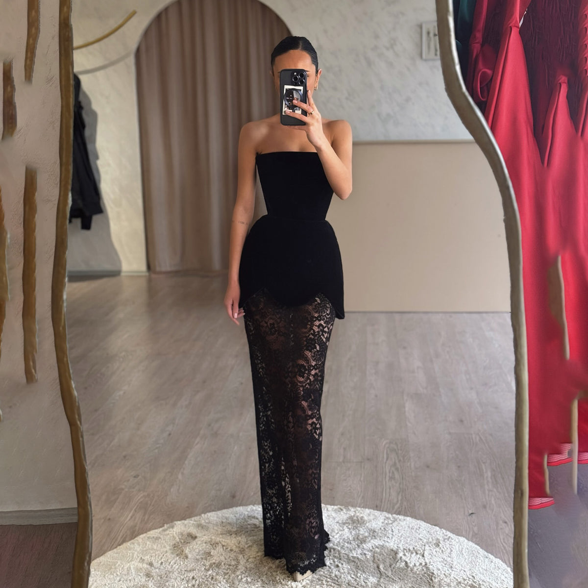 Luxury Strapless Black Lace Evening Dress SF441