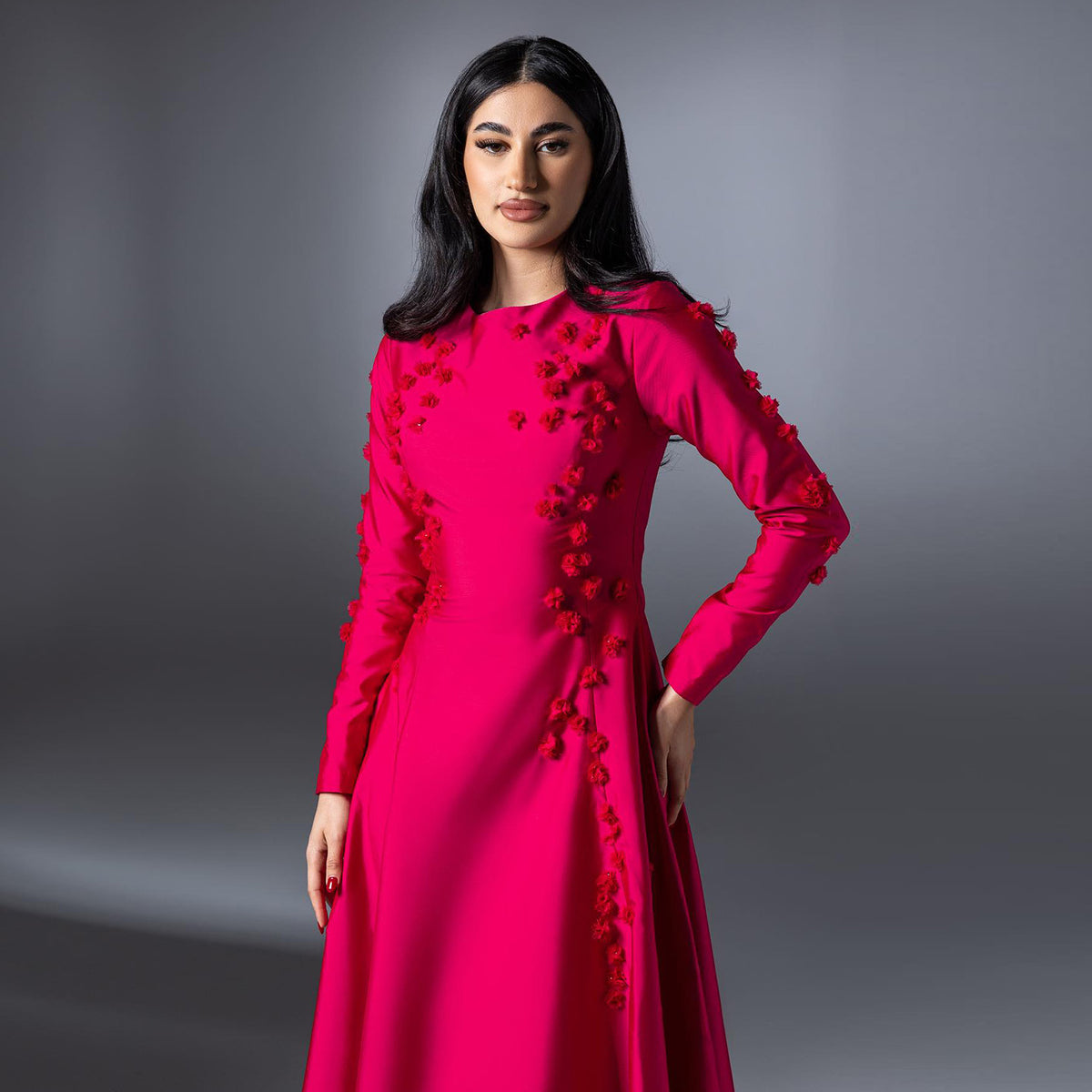 Luxury 3D Flowers Red Long SleevesA-Line Evening Dress SF054