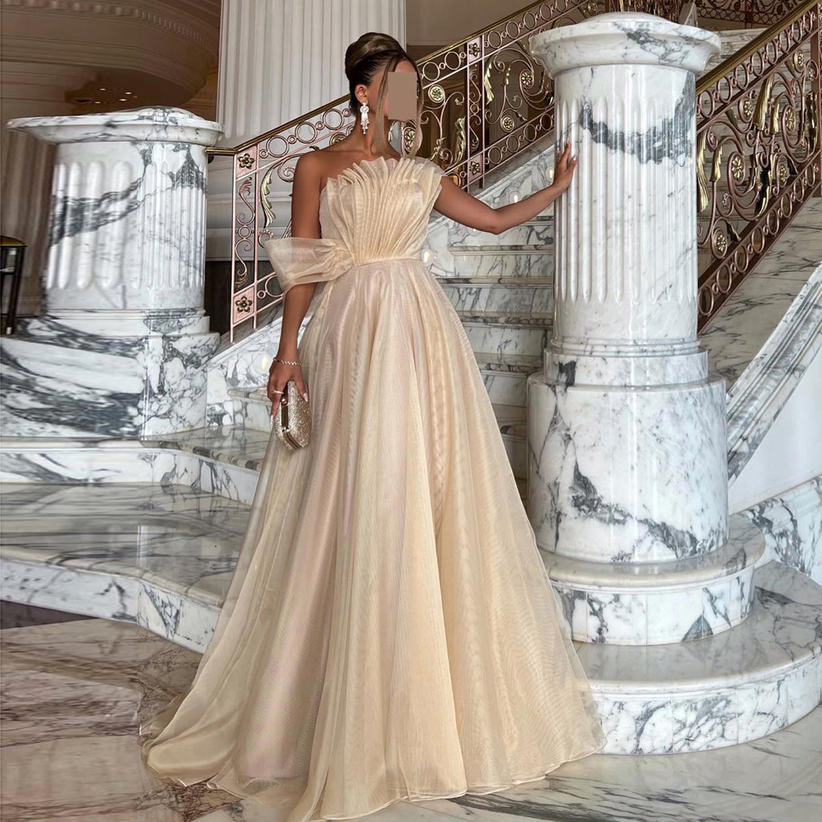 Elegant Champane One Shoulder A-Line Evening Dress SF113