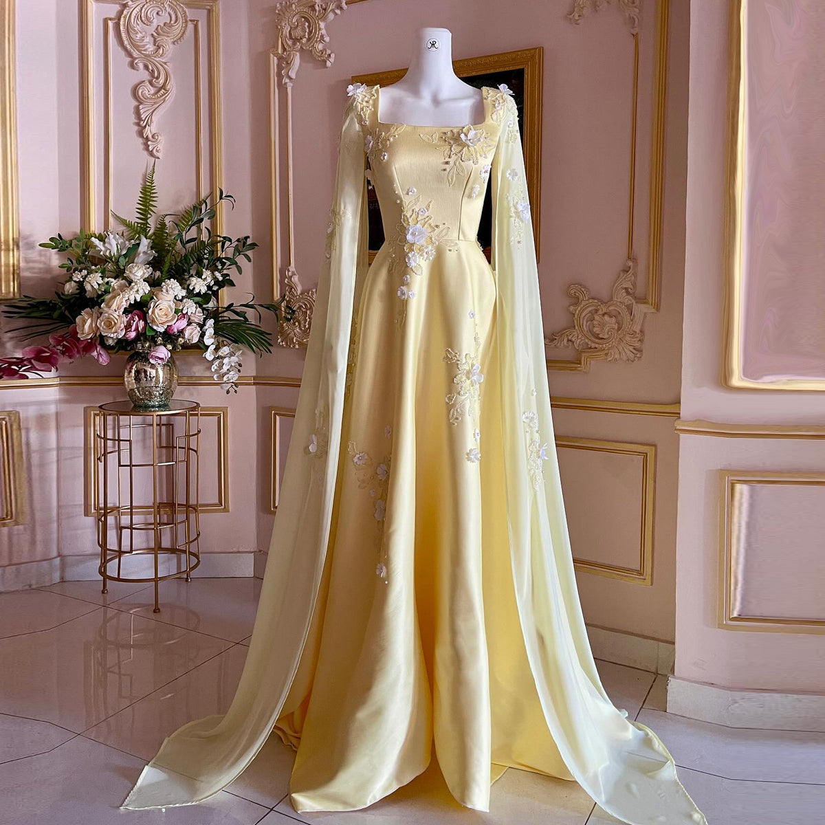 Luxury Pearls Yellow 3D Floral Evening Dress with Cape Sleeve SF226