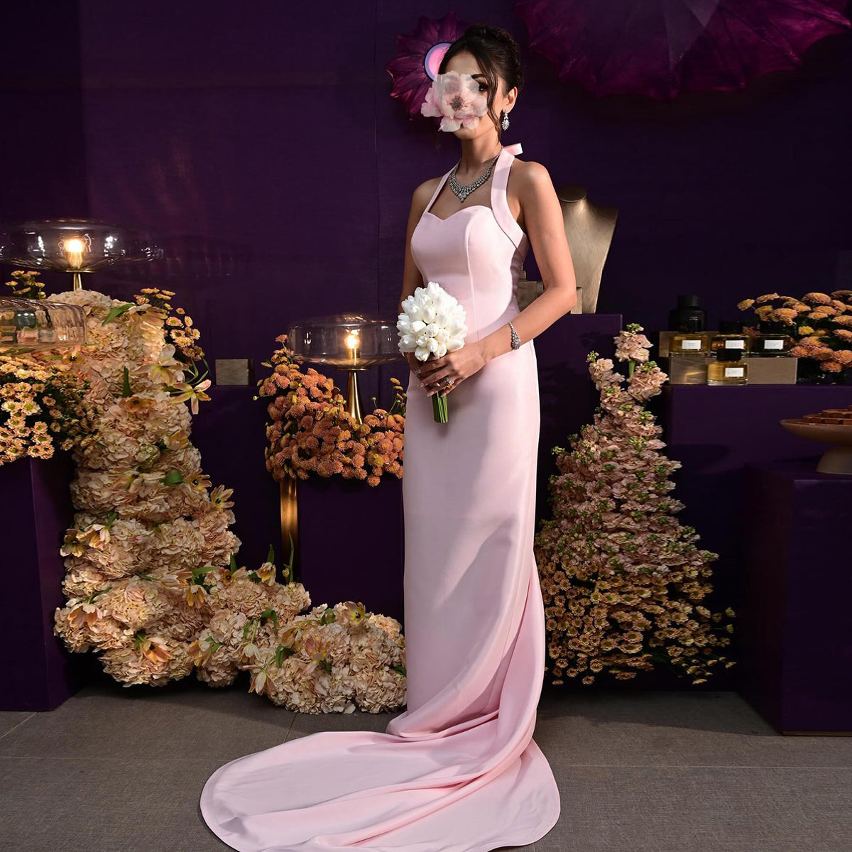 Luxury Halter Pink Mermaid Evening Dress with Train SF109
