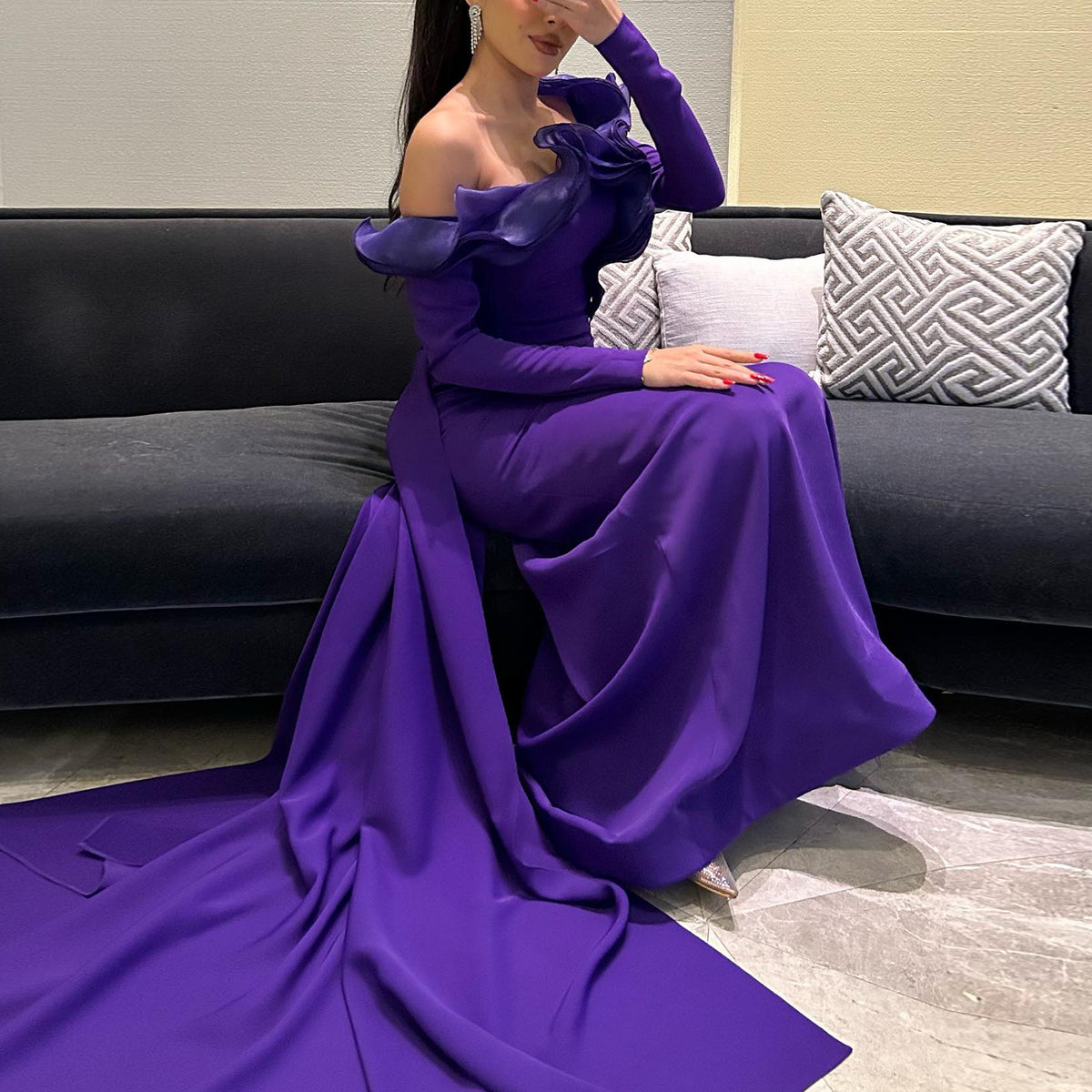 Elegant Purple Ruffles Off Shoulder Evening Dress with Overskirt SF142