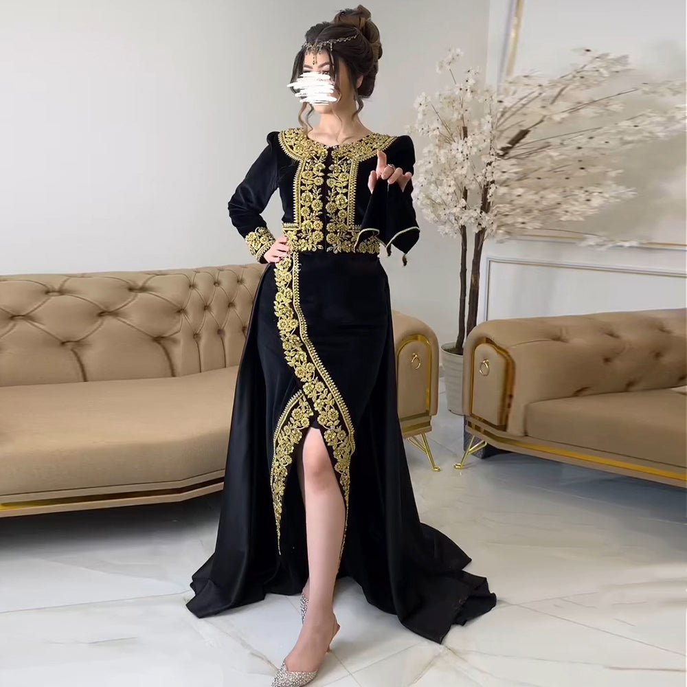 Elegant Black Velvet 2 Pieces Evening Dress with Gold Beaded SS241