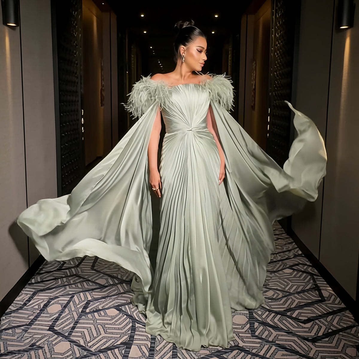 Luxury Sage Green Off-the-Shoulder Feather Evening Dress with Cape Sleeve SF599