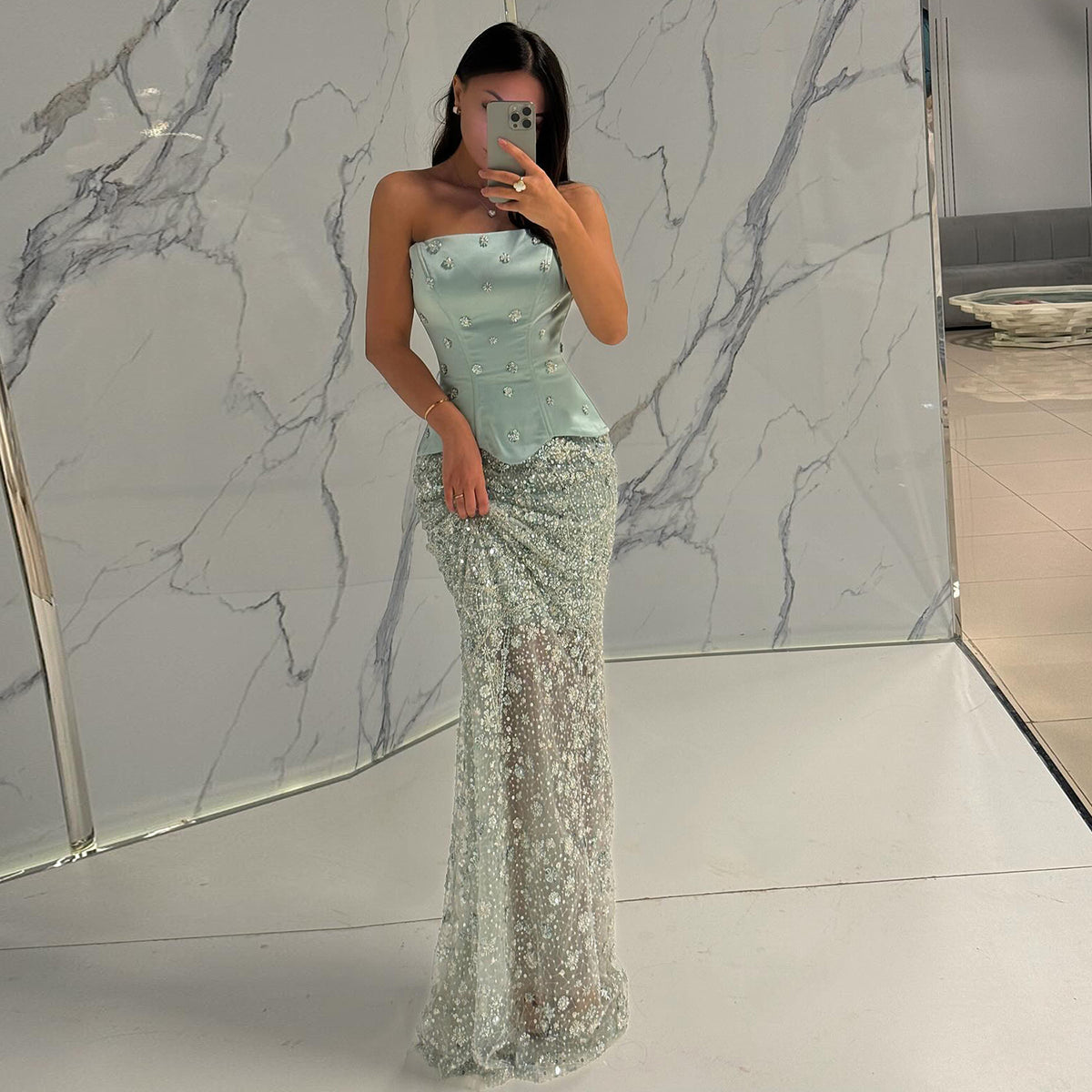Luxury Sage Green Beaded 2 Pieces Evening Dress SS130