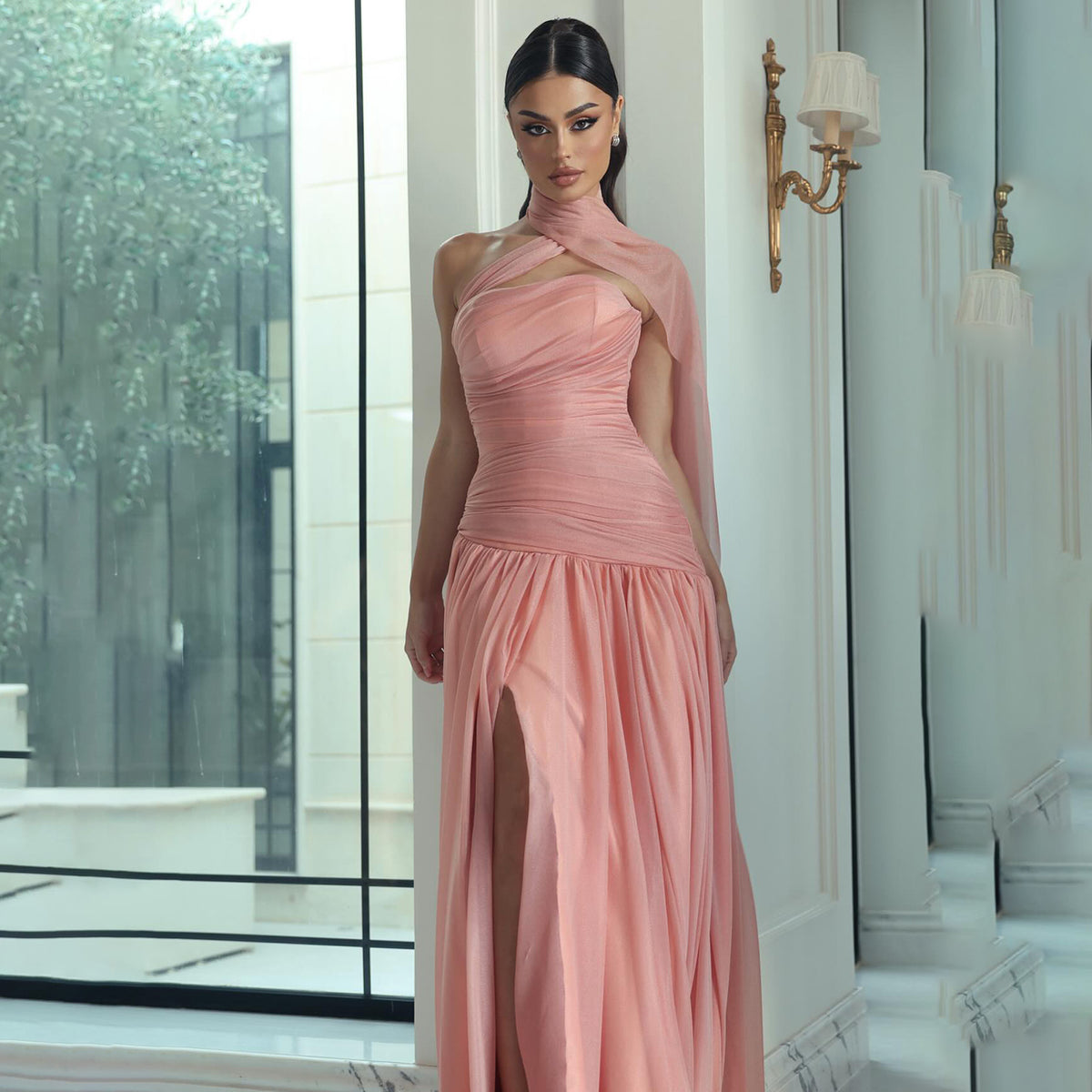 Elegant Strapless Pink Evening Dress with Cape SF482