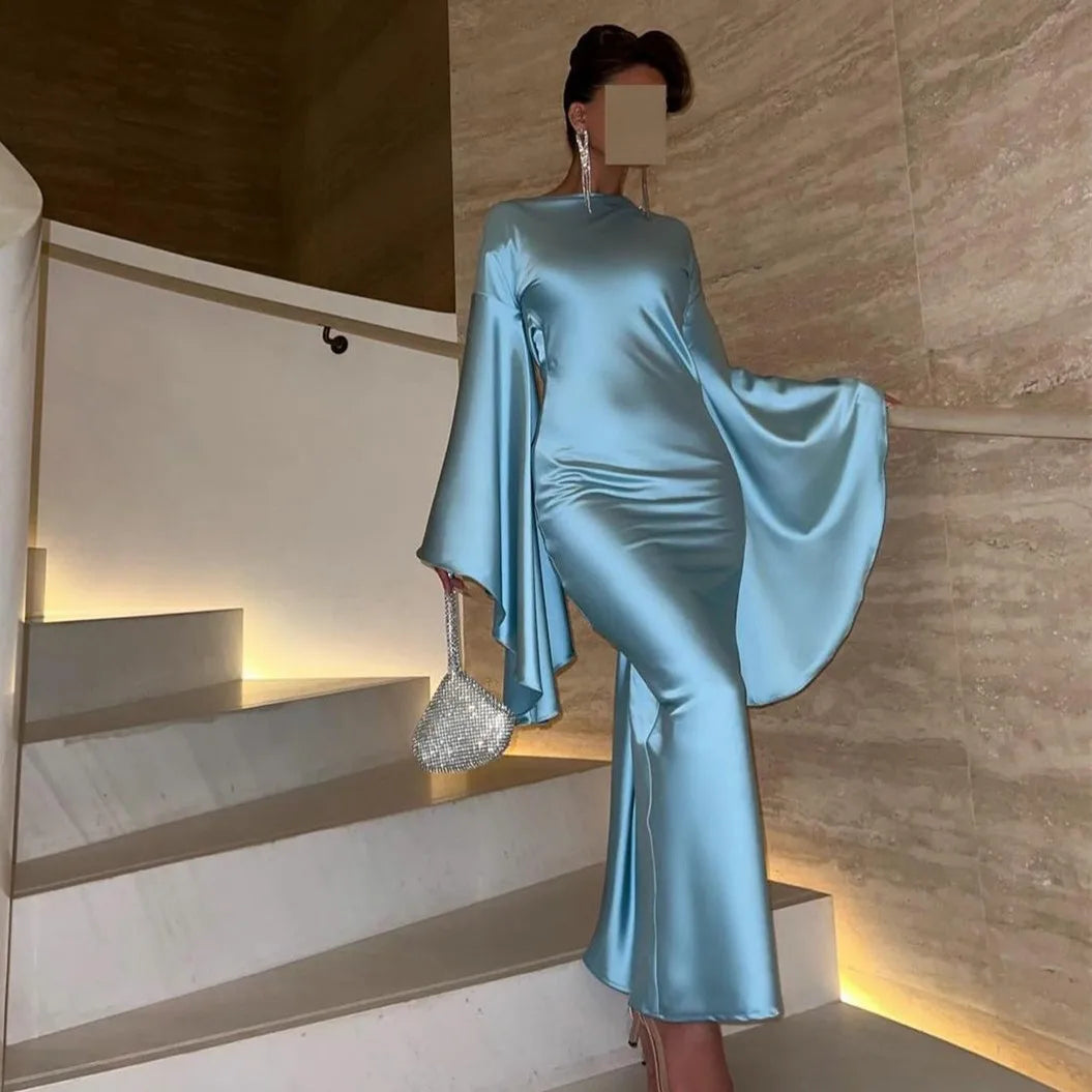Elegant Light Blue Mermaid Evening Dress with Flare Long Sleeves SF027