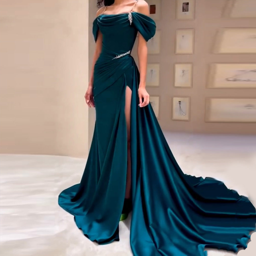 Elegant Beaded Peacock Spaghetti Straps Evening Dress with Slit SF247