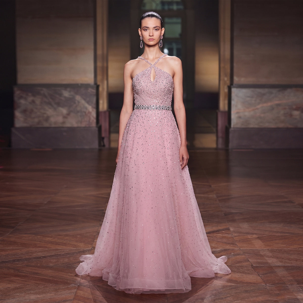 Elegant Dusty Pink Halter Neck Beaded A-Line Evening Dress SS580