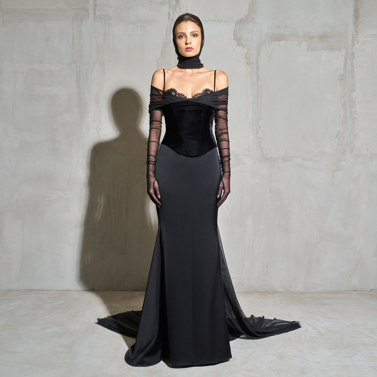 Luxury Black Lace Glove Halter Neck Evening Dress with Overskirt SF440
