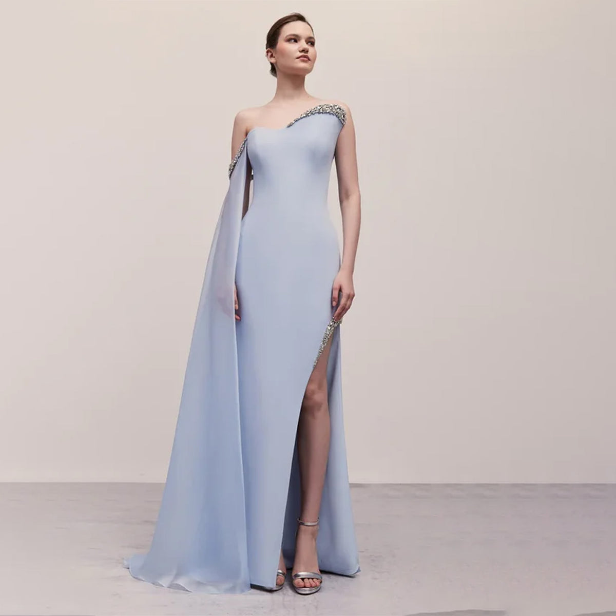 Elegant Crystal Sky Blue Evening Dress with Cape Sleeve SF280