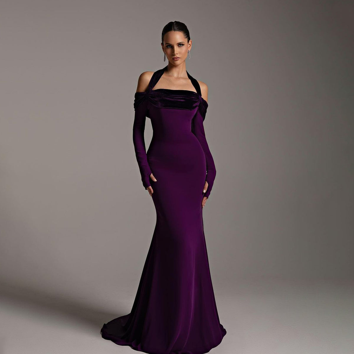 Elegant Halter Purple Long Sleeve Mermaid Evening Dress SF345