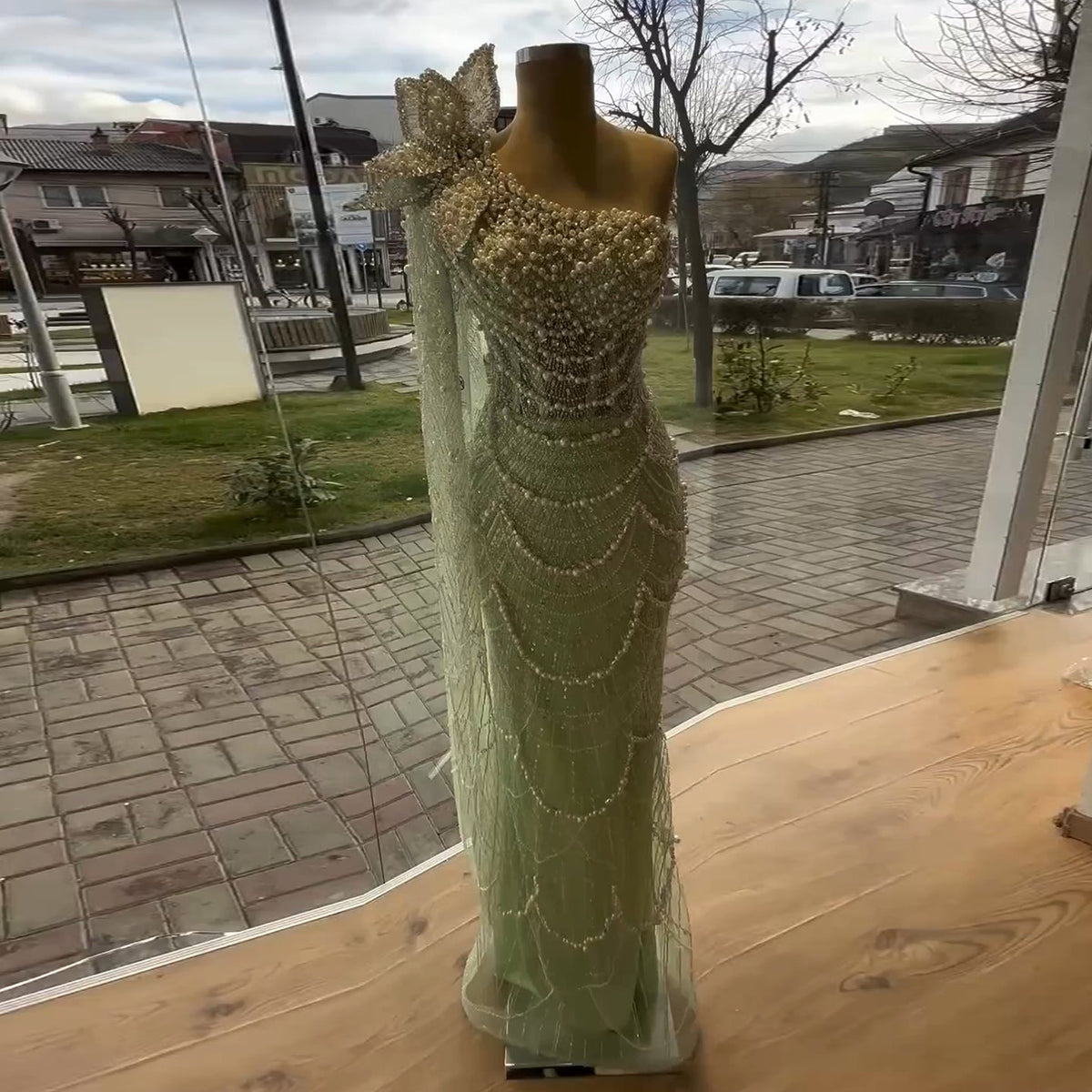 Luxury Pearls 3D Flower Green One Shoulder Evening Dress SS115