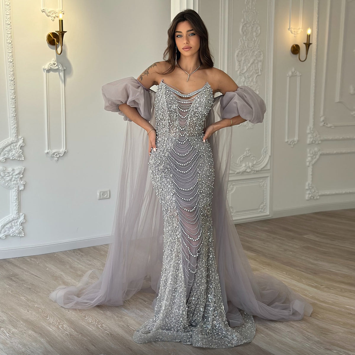 Luxury Silver Beaded Evening Dress with Puff Sleeves/Tulle Train SS289