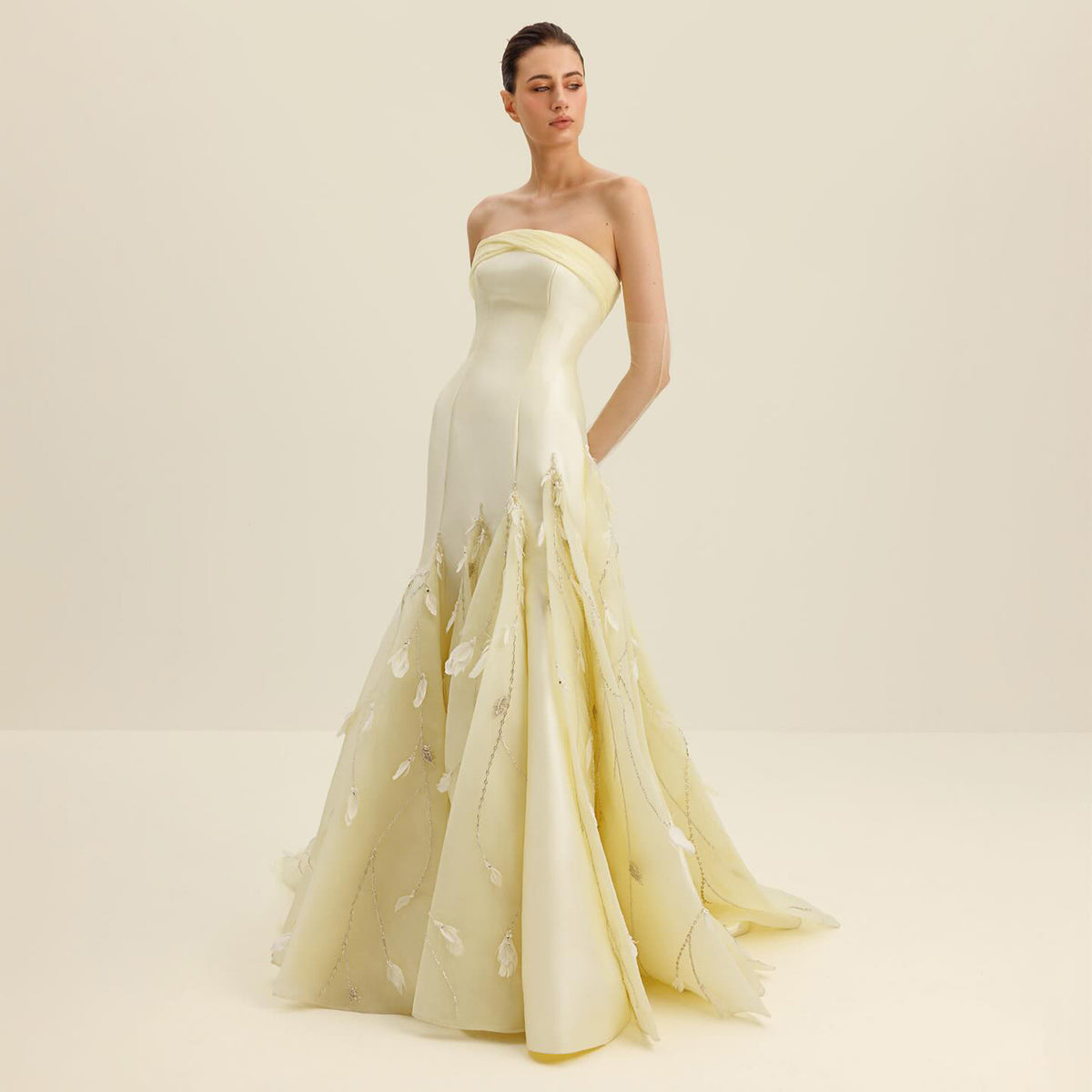 Glamorous Feather Yellow Evening Dress with Gloves SF422