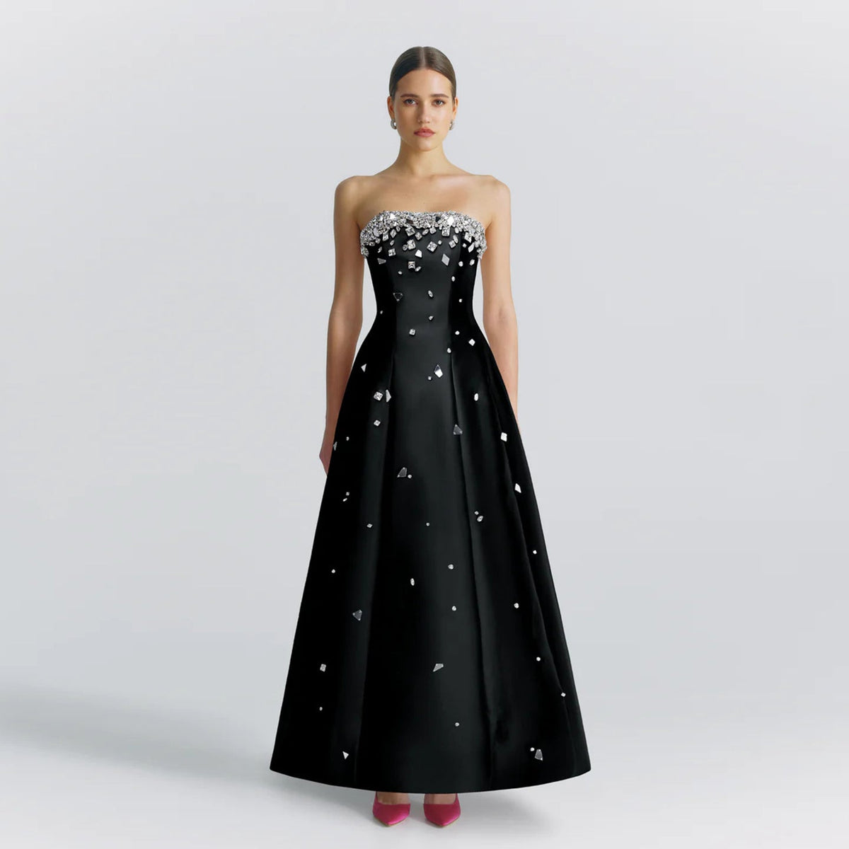 Luxury Black Beaded A-Line Satin Evening Dress SF133