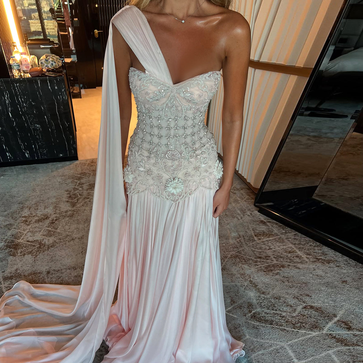 Elegant Blush Pink 3D Floral Beaded One-Shoulder Cape Evening Dress SS285
