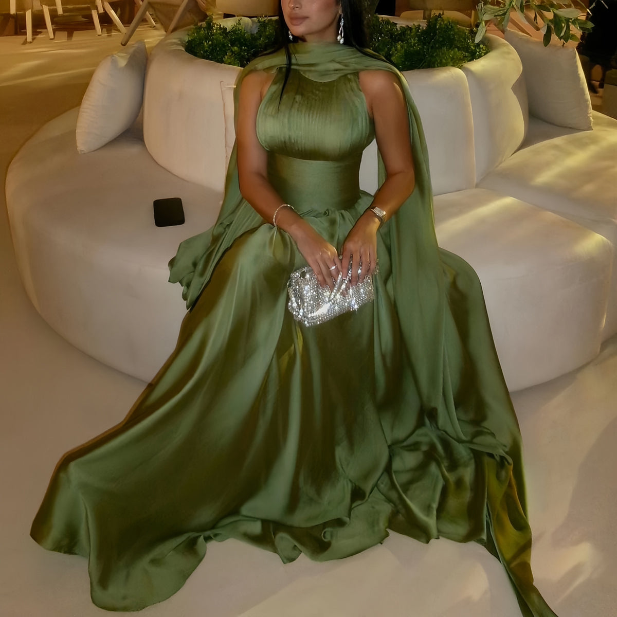 olive green dress with scarf Olive Warehouse Plain Scarf Detail Tie Neck Maxi Dress