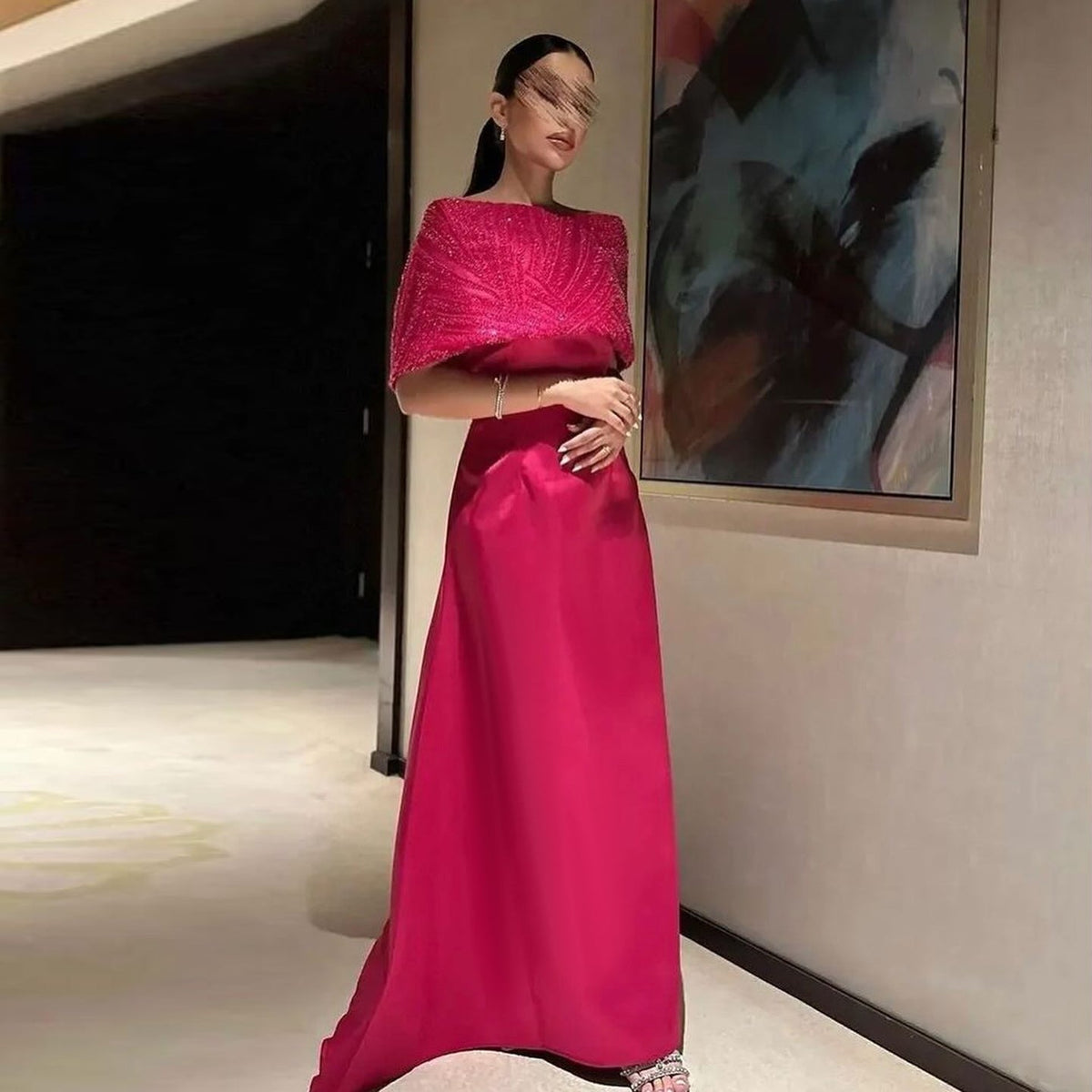 Elegant Off Shoulder Fuchsia Evening Dress with Cape SS482