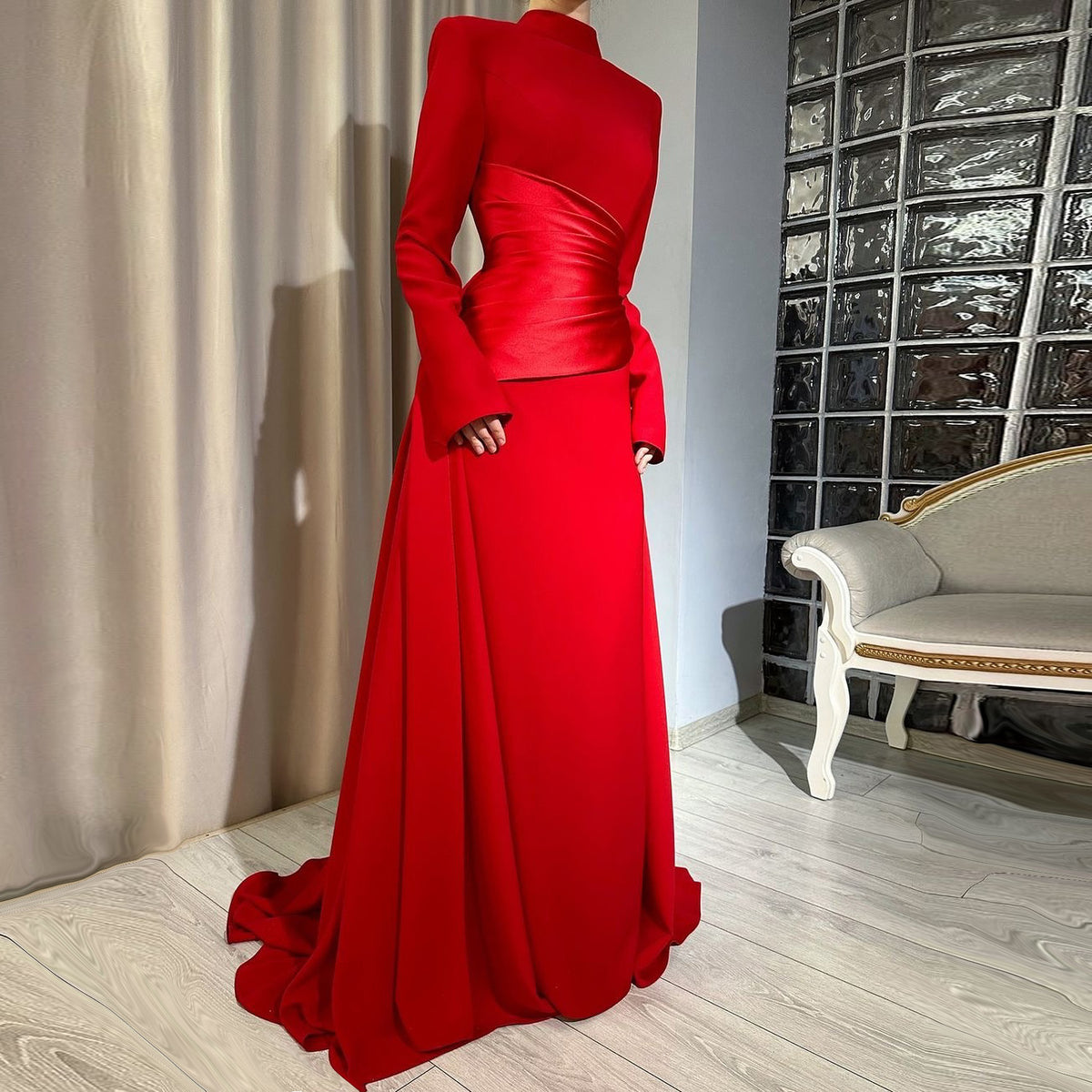 Elegant Red Long Sleeves Evening Dress with Overskirt SF223