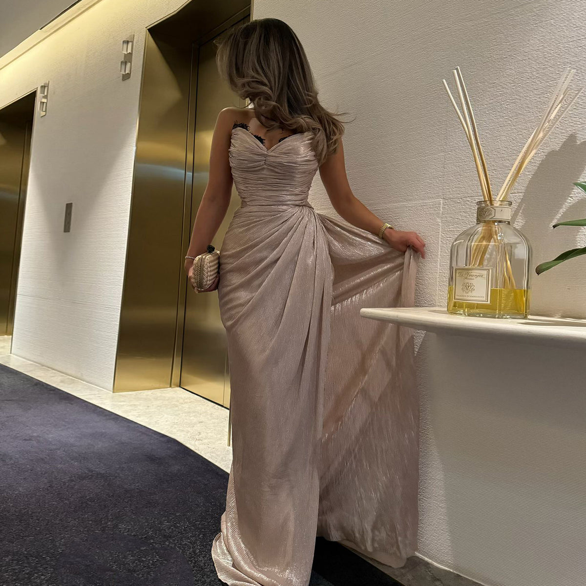 Elegant Champagne Evening Dress with Overskirt SF069