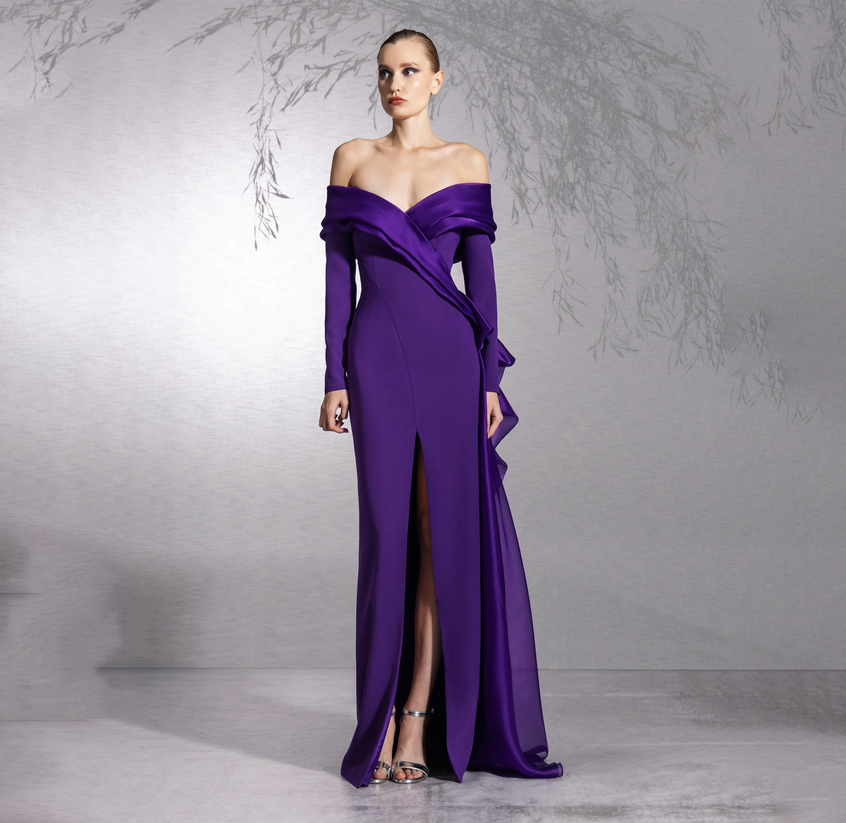 Elegant Purple Off Shoulder Evening Dress with Overskirt SF439