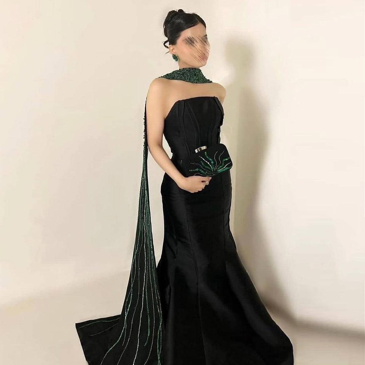 Elegant Beaded Black Mermaid Evening Dress with Scarf SS421