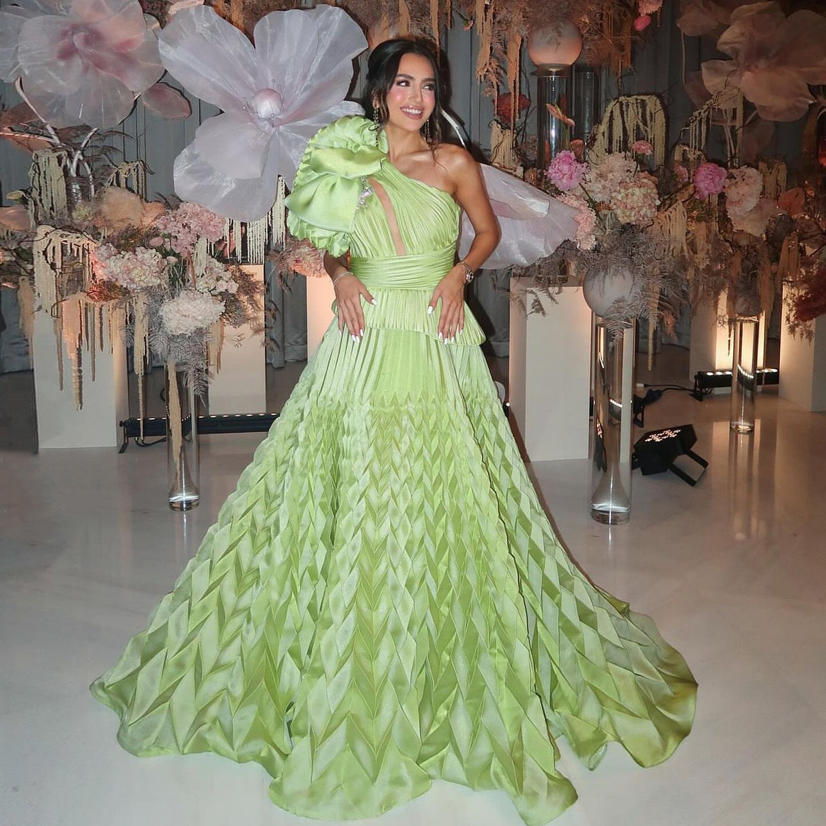 Elegant Green Geometry Patterns Satin Evening Dress SF143
