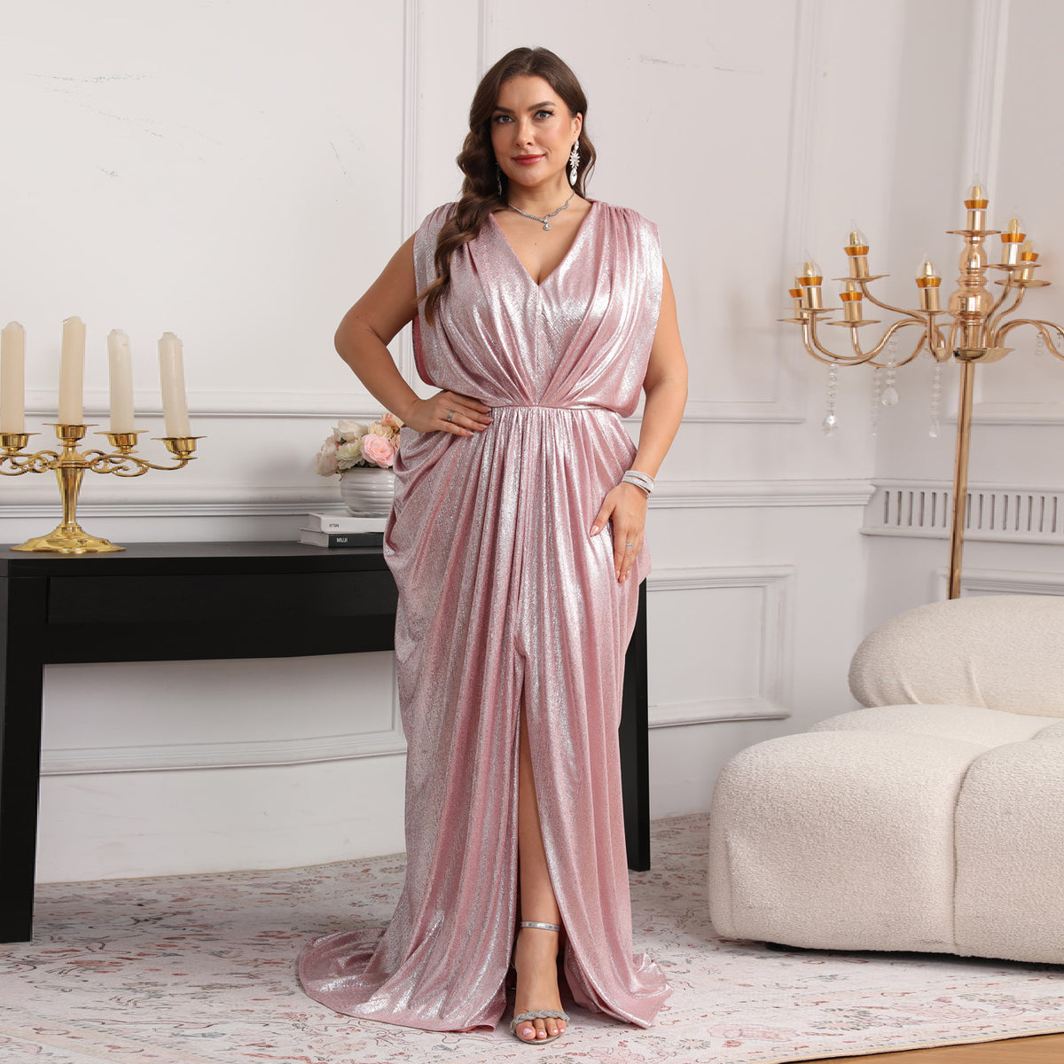 Luxury Pink Pleats Side-Slit Evening Dress SF623