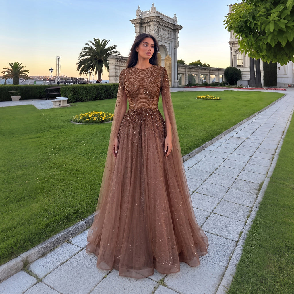 Regal Caramel Brown Beaded Jewel Neck Evening Gown with Sheer Cape Sle