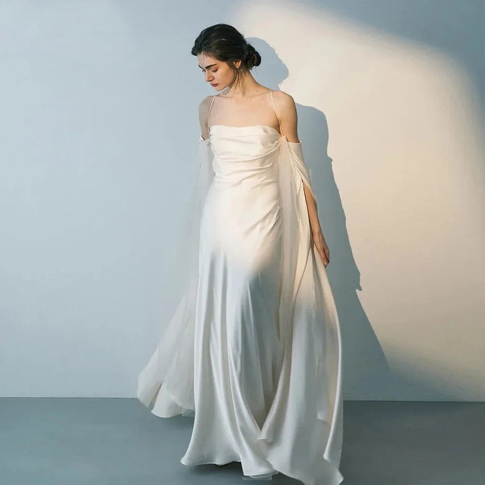 Elegant White Spaghetti Straps Evening Dress with Cape Sleeves SF281