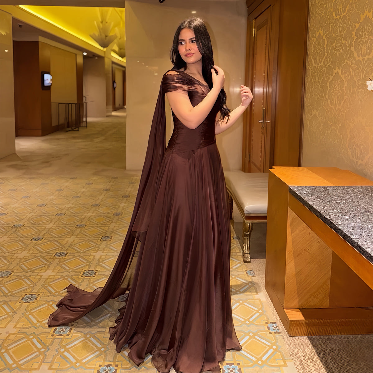 Luxury Brown Off-the-Shoulder Chiffon Evening Dress with Cape SF166