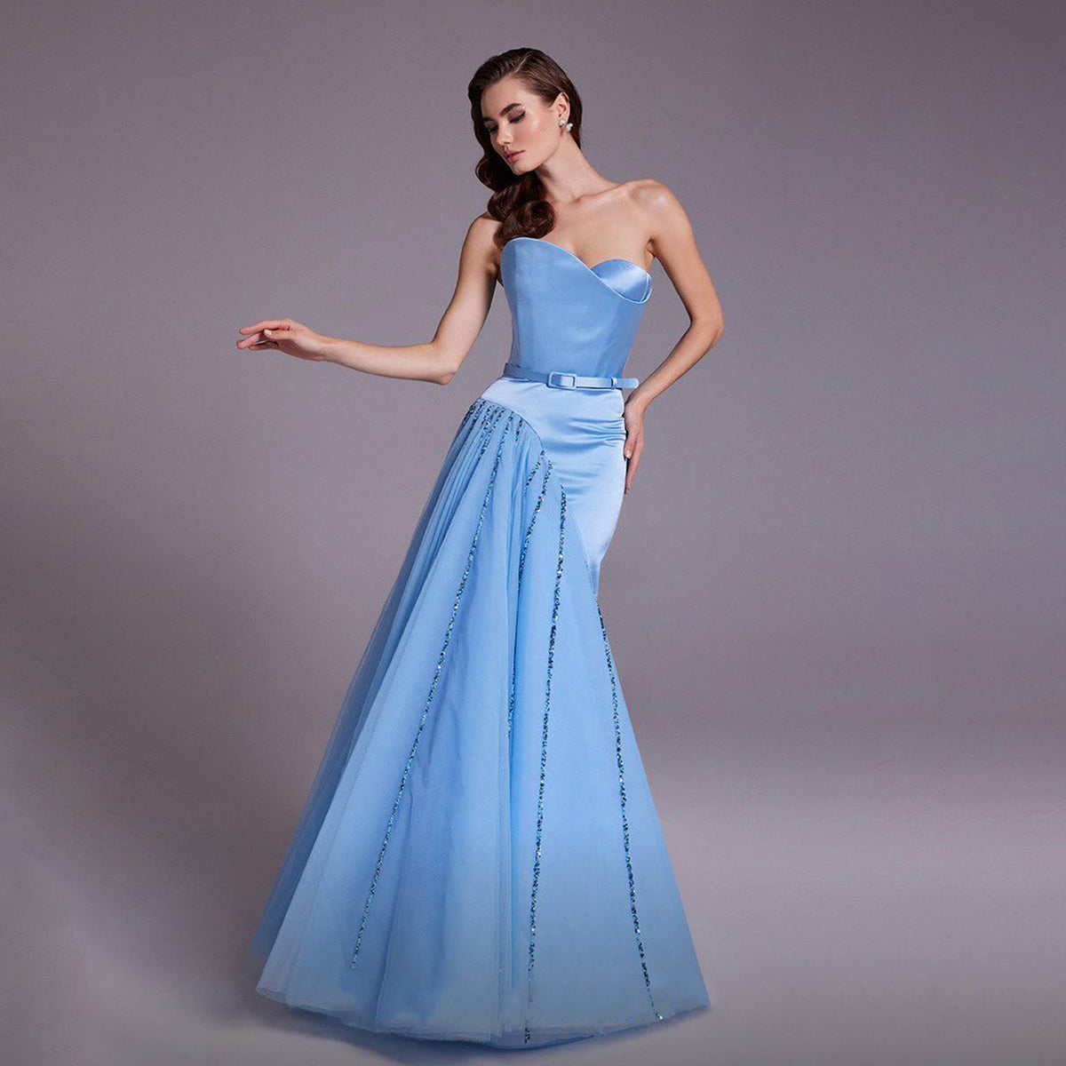 Elegant Sky Blue Mermaid Evening Dress with Belt SF341