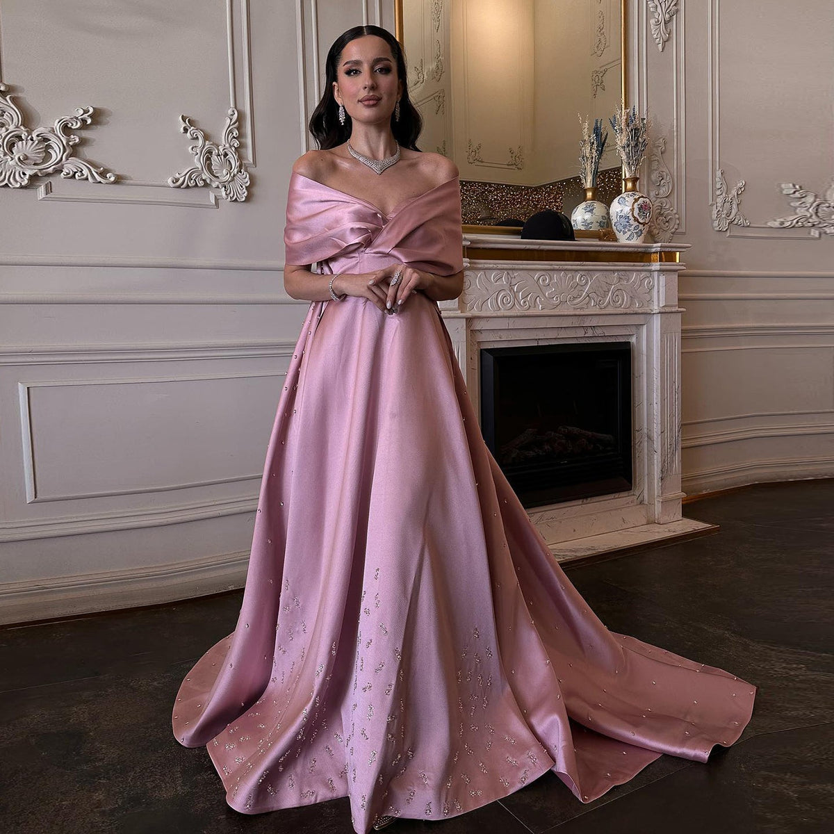 Luxury Pearls Pink A-Line Satin Evening Dresses with Train SS481