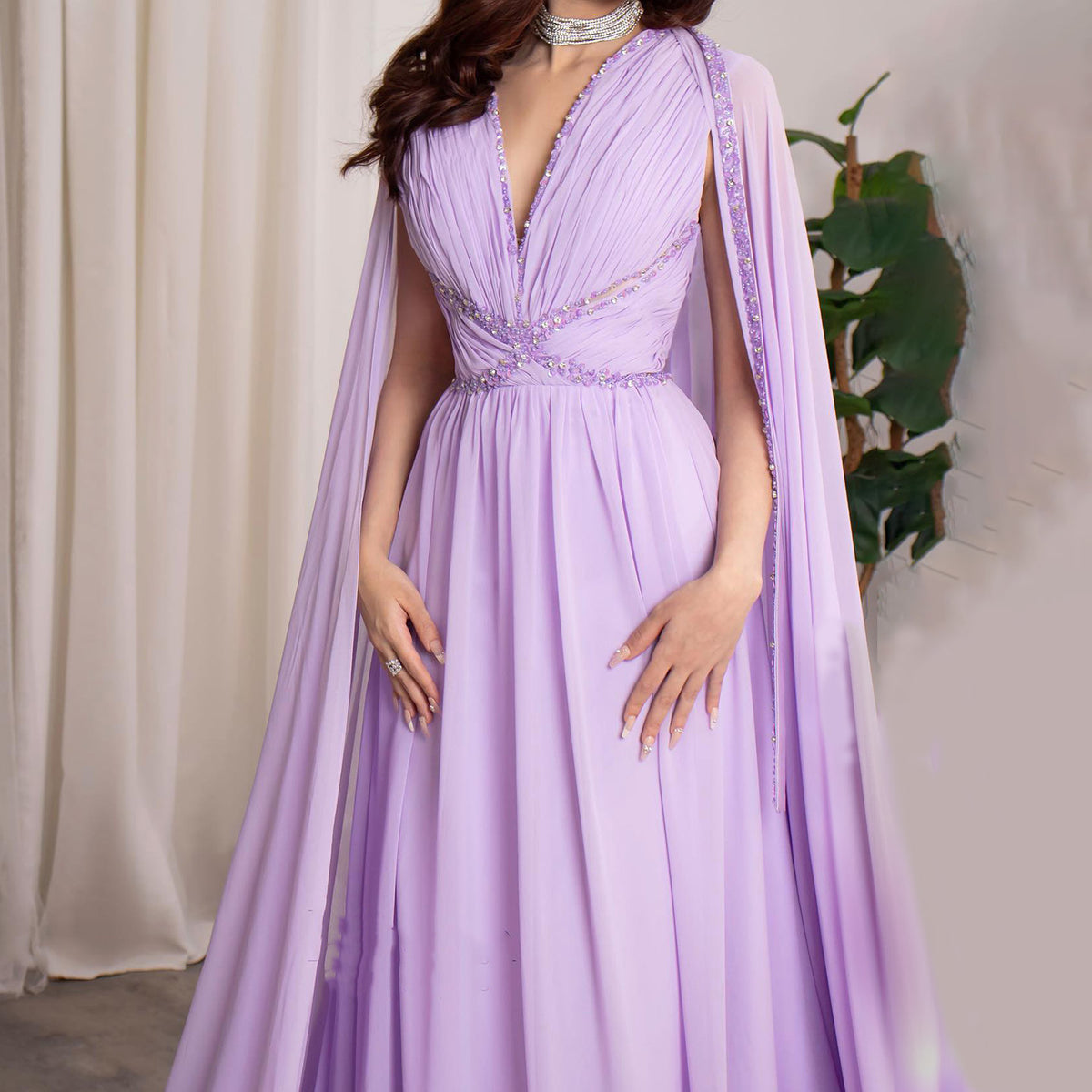 Luxury Beaded Lilac V-Neck Evening Dress with Cape SF271
