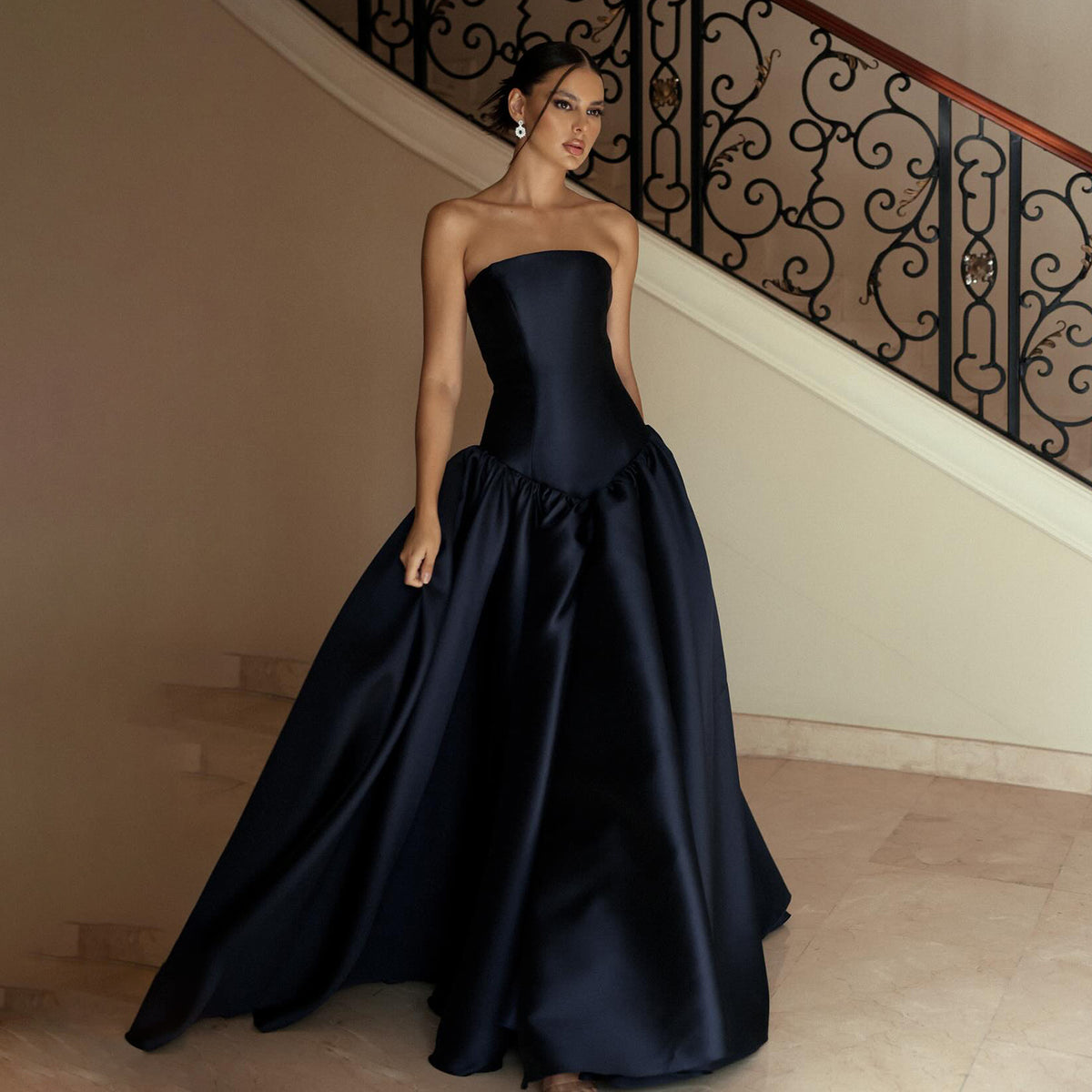 Elegant Strapless Dark Navy A-Line Evening Dress SF480