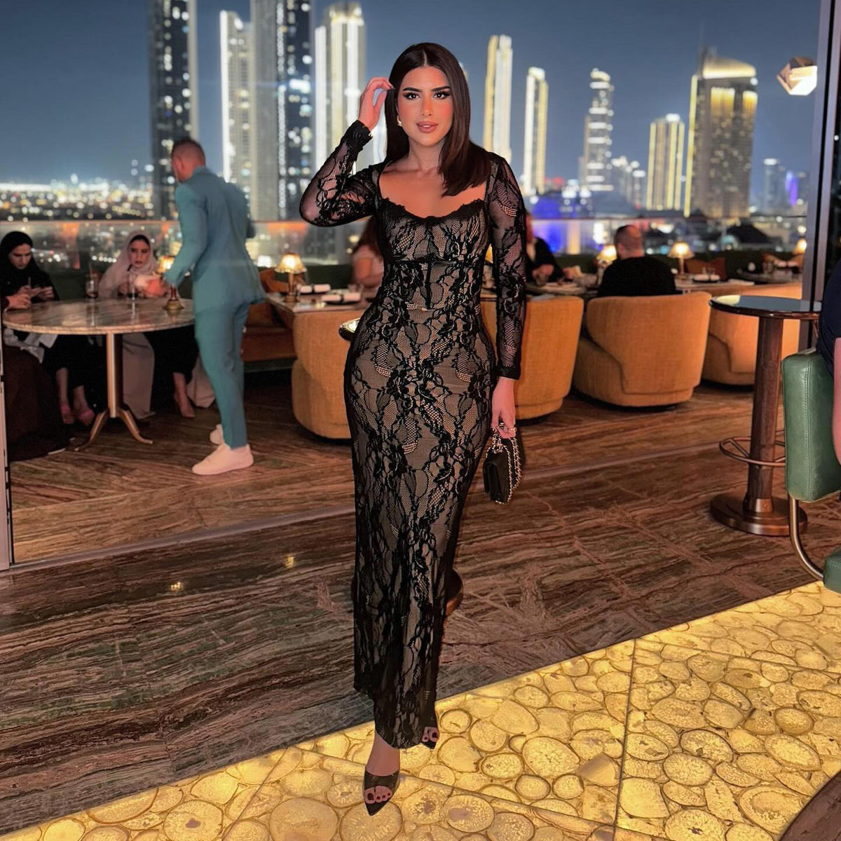 Elegant Long Sleeves Black Sheath Lace Evening Dress SF598